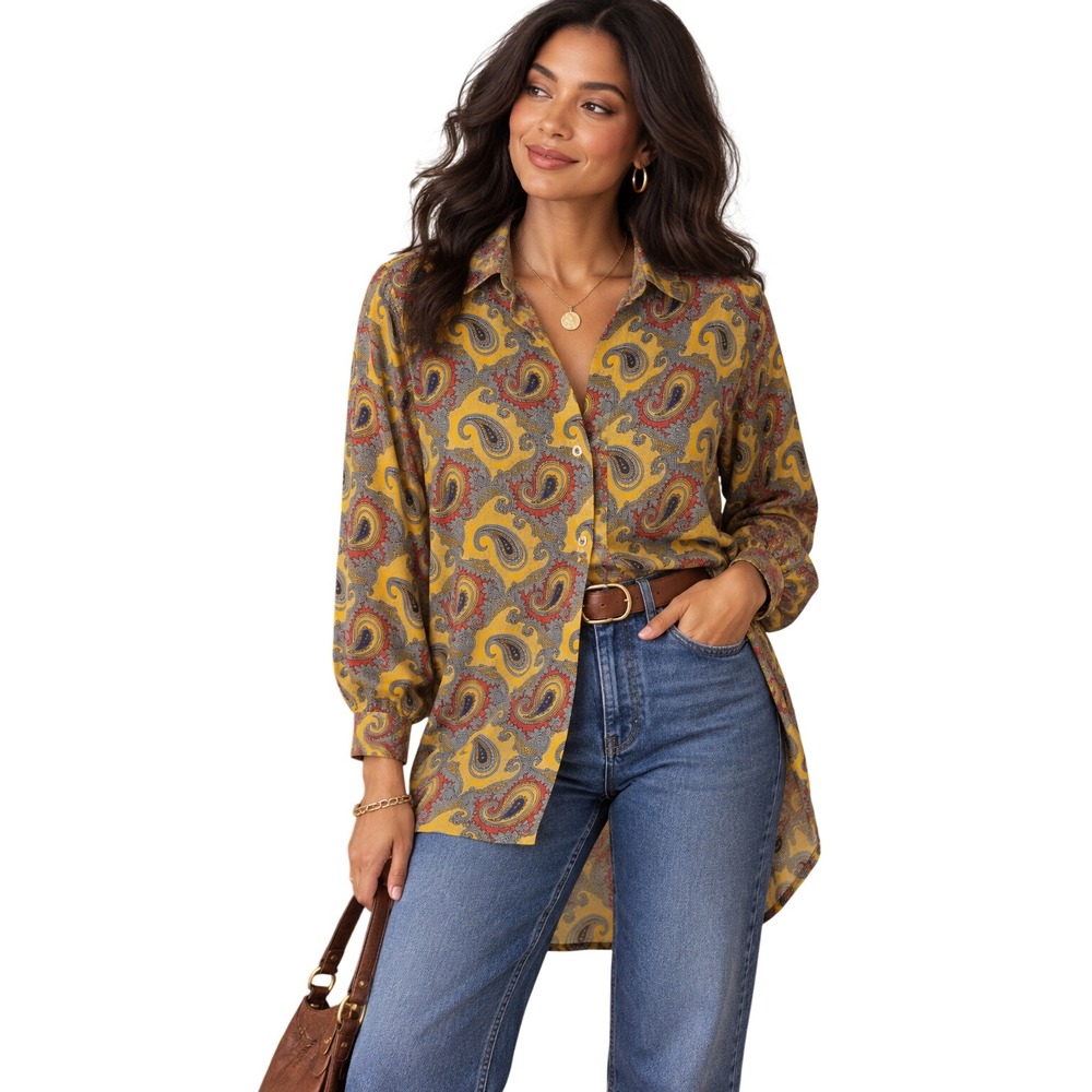 Vintage Ann Taylor Paisley Tunic Blouse Womens S Made France Button Front